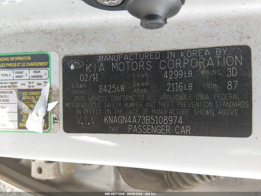 KNAGN4A73B5108974 2011 KIA OPTIMA photo no. 9