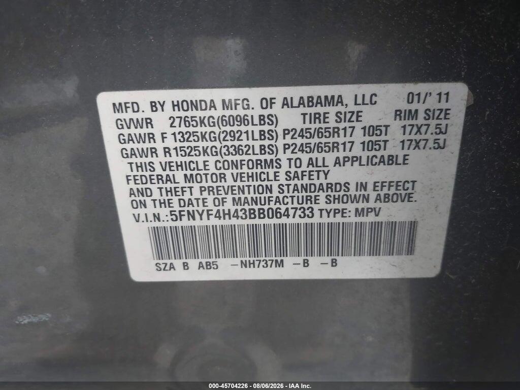 5FNYF4H43BB064733 2011 HONDA PILOT photo no. 9