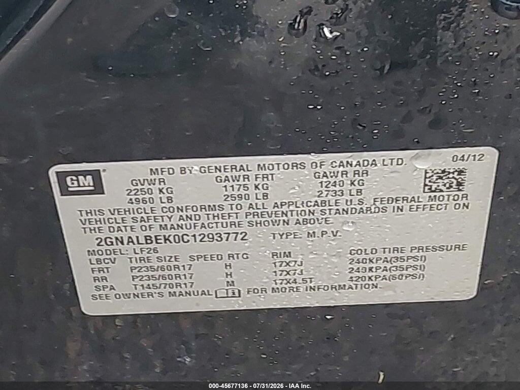2GNALBEK0C1293772 2012 CHEVROLET EQUINOX photo no. 9