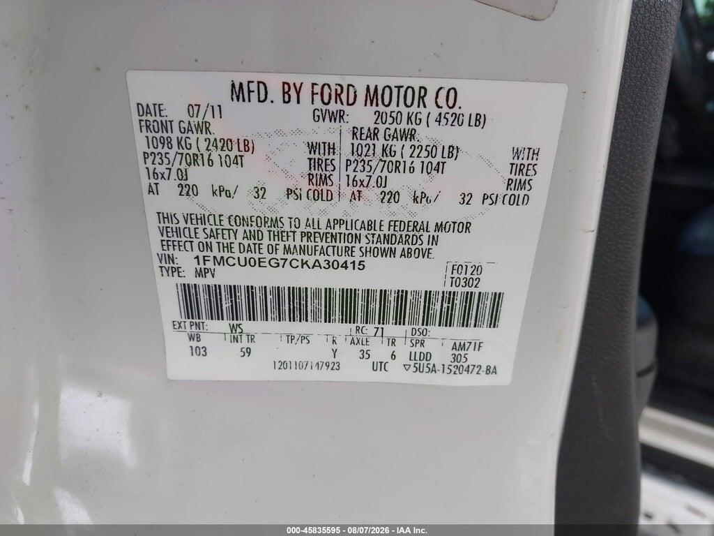 1FMCU0EG7CKA30415 2012 FORD ESCAPE photo no. 9