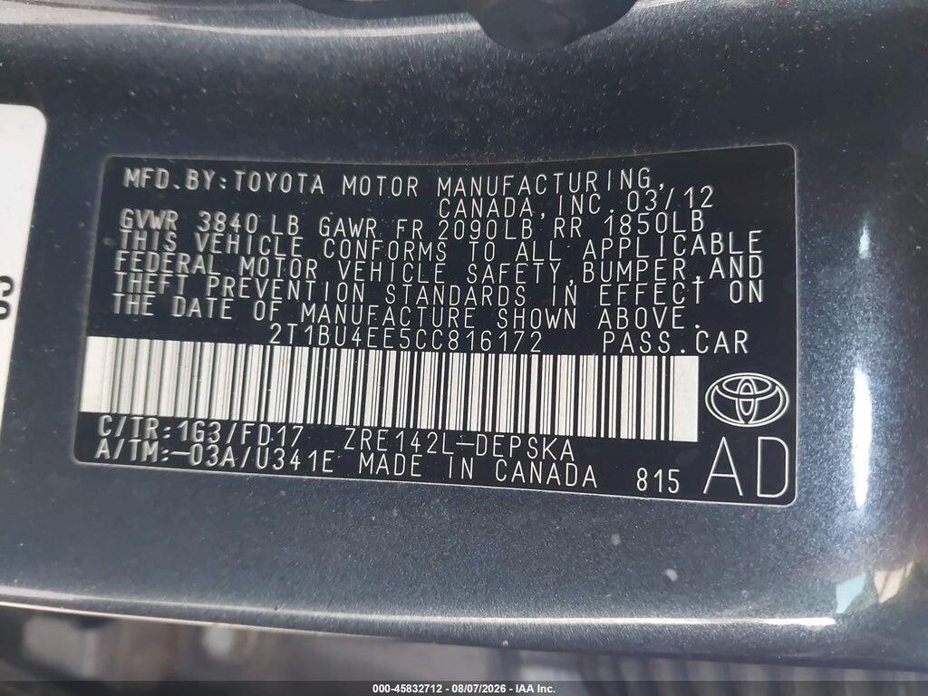 2T1BU4EE5CC816172 2012 TOYOTA COROLLA photo no. 9