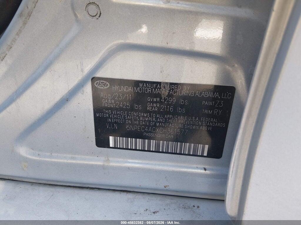 5NPEC4ACXCH361577 2012 HYUNDAI SONATA photo no. 9