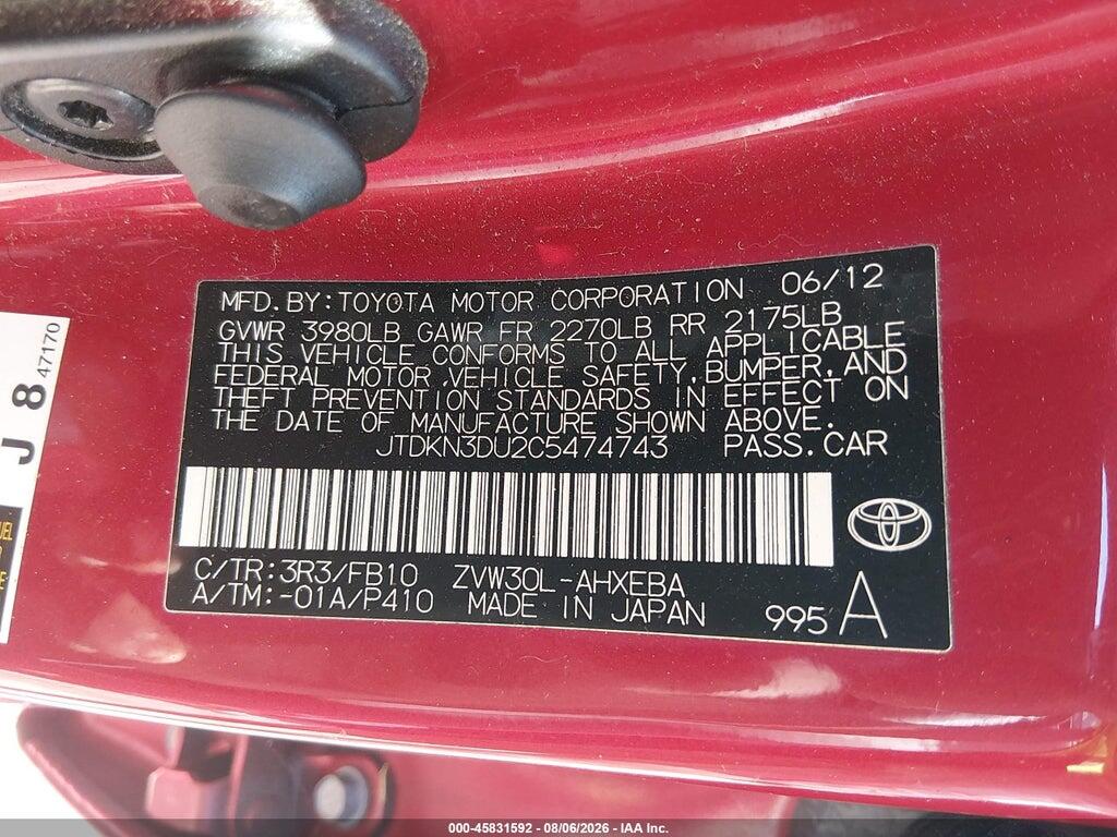 JTDKN3DU2C5474743 2012 TOYOTA PRIUS photo no. 9