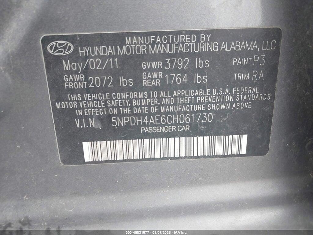 5NPDH4AE6CH061730 2012 HYUNDAI ELANTRA photo no. 9