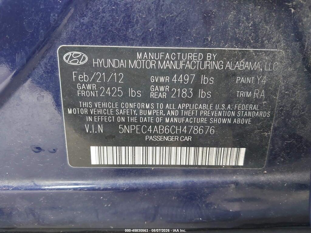 5NPEC4AB6CH478676 2012 HYUNDAI SONATA photo no. 9