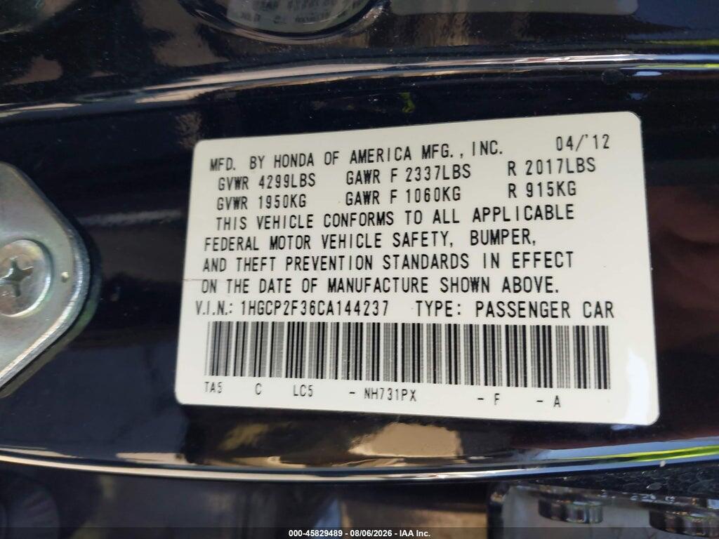 1HGCP2F36CA144237 2012 HONDA ACCORD SDN photo no. 9