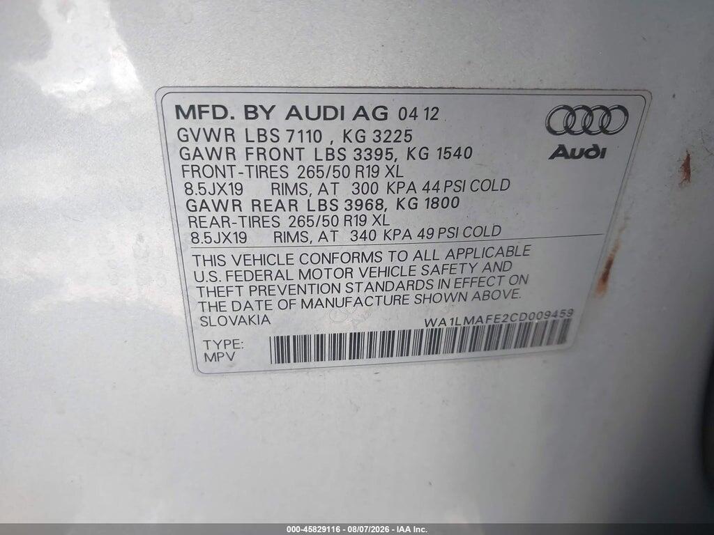 WA1LMAFE2CD009459 2012 AUDI Q7 photo no. 9