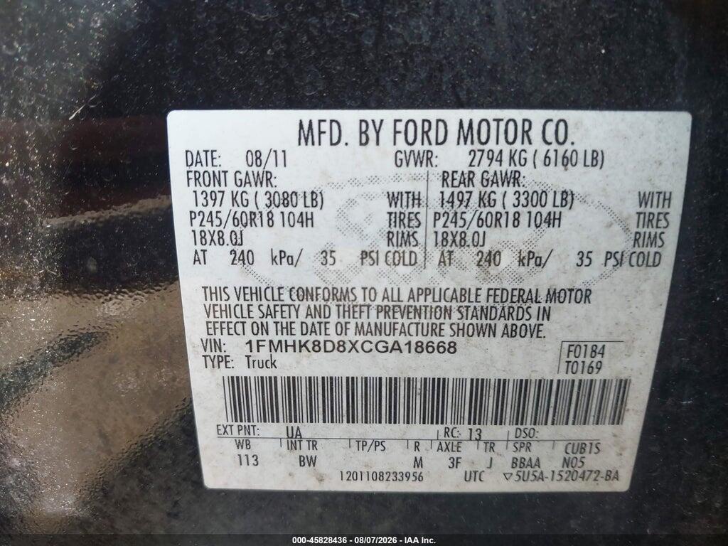1FMHK8D8XCGA18668 2012 FORD EXPLORER photo no. 9
