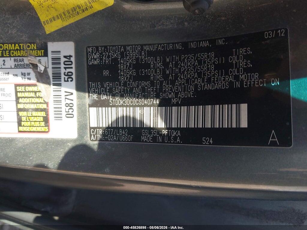 5TDDK3DC0CS040744 2012 TOYOTA SIENNA photo no. 9