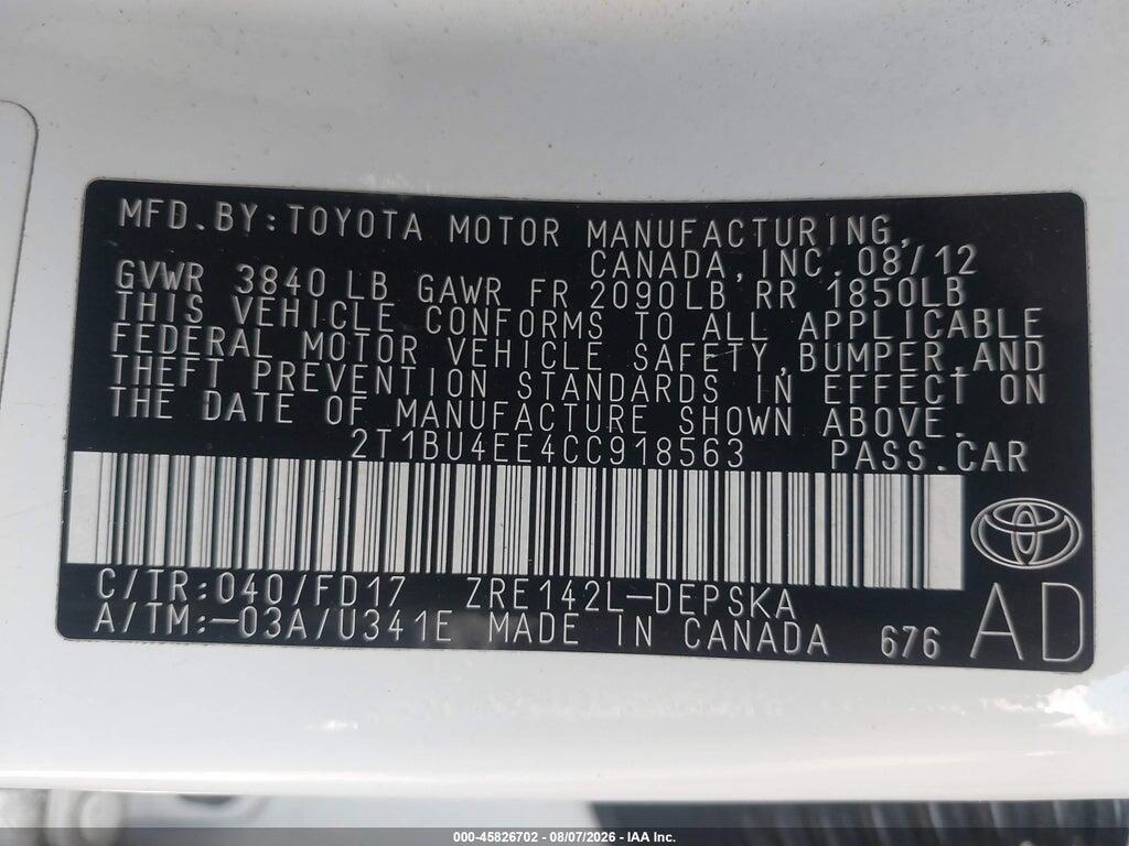 2T1BU4EE4CC918563 2012 TOYOTA COROLLA photo no. 9