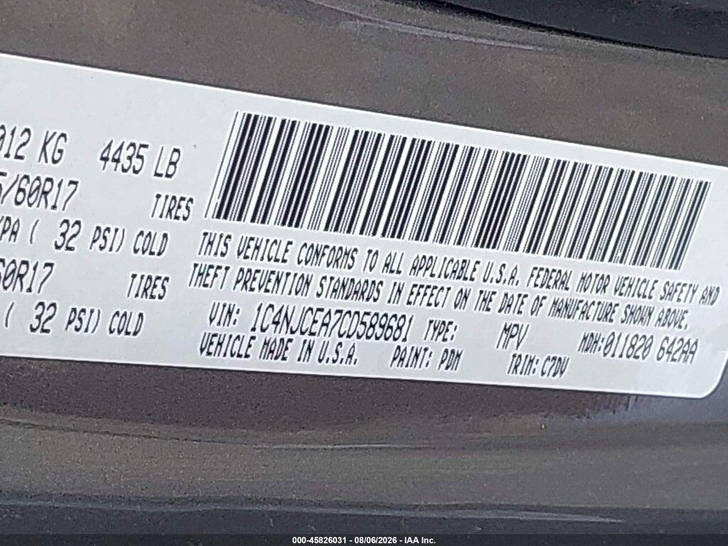 1C4NJCEA7CD589681 2012 JEEP COMPASS photo no. 9