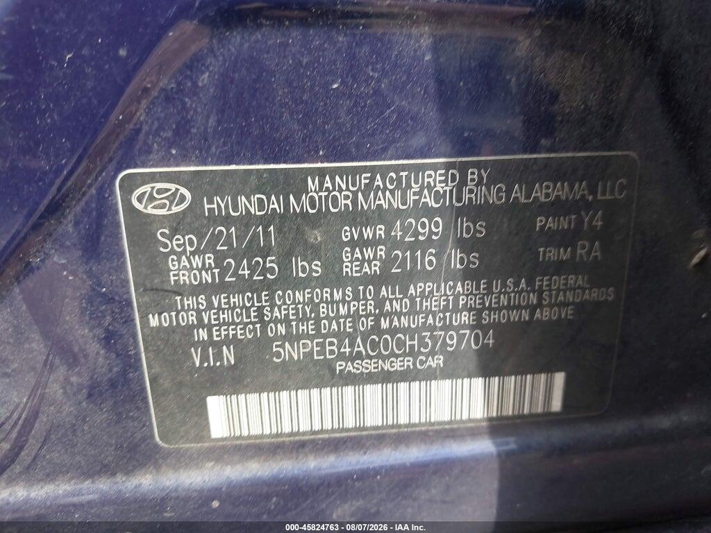 5NPEB4AC0CH379704 2012 HYUNDAI SONATA photo no. 9