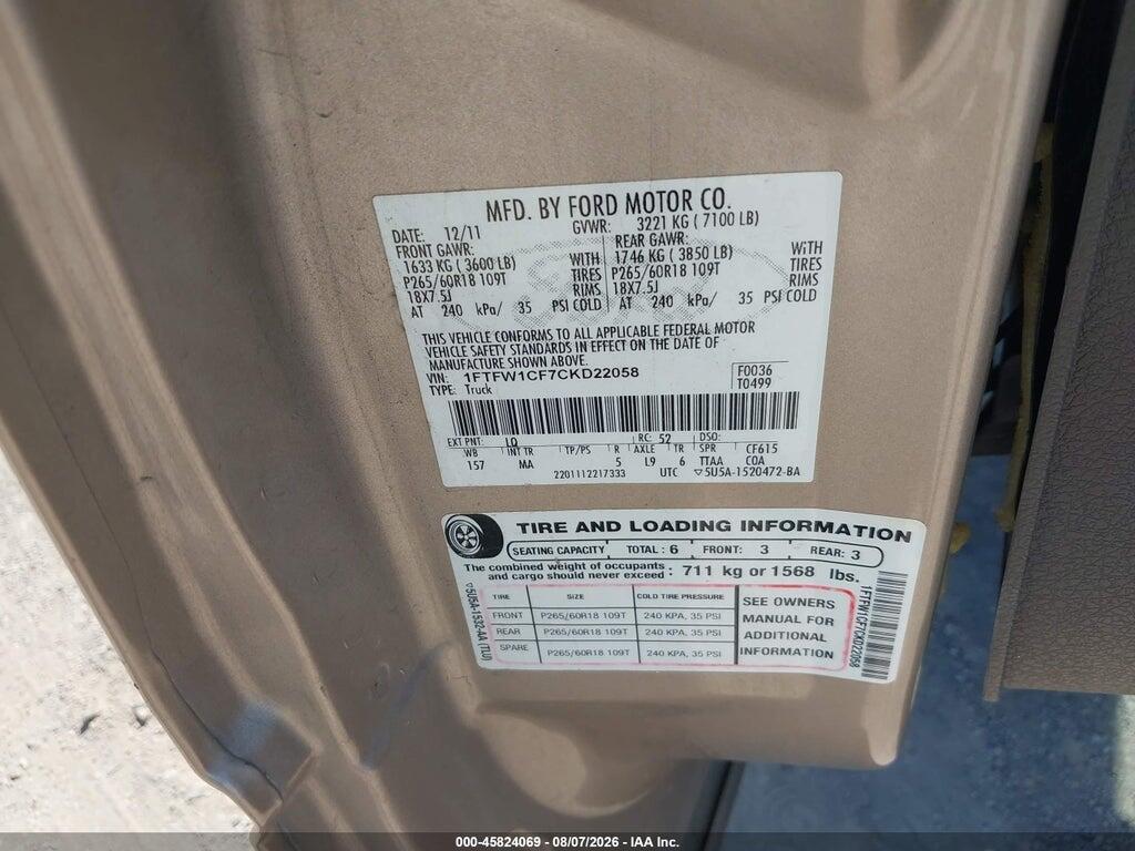 1FTFW1CF7CKD22058 2012 FORD F-150 photo no. 9