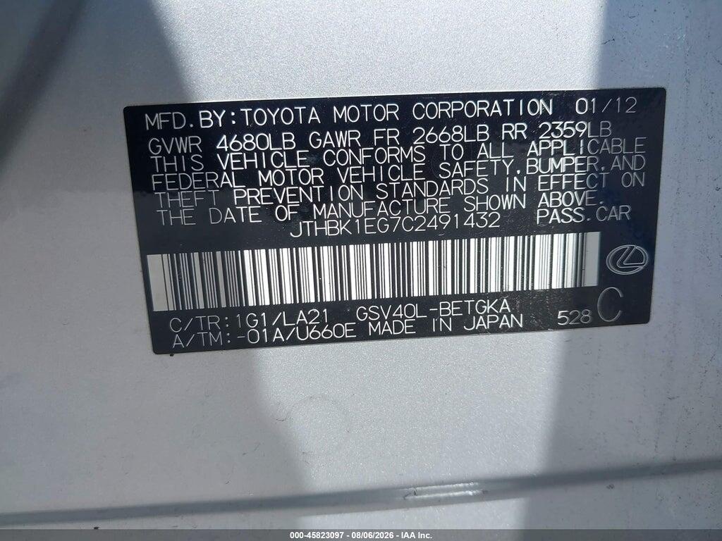 JTHBK1EG7C2491432 2012 LEXUS ES 350 photo no. 9