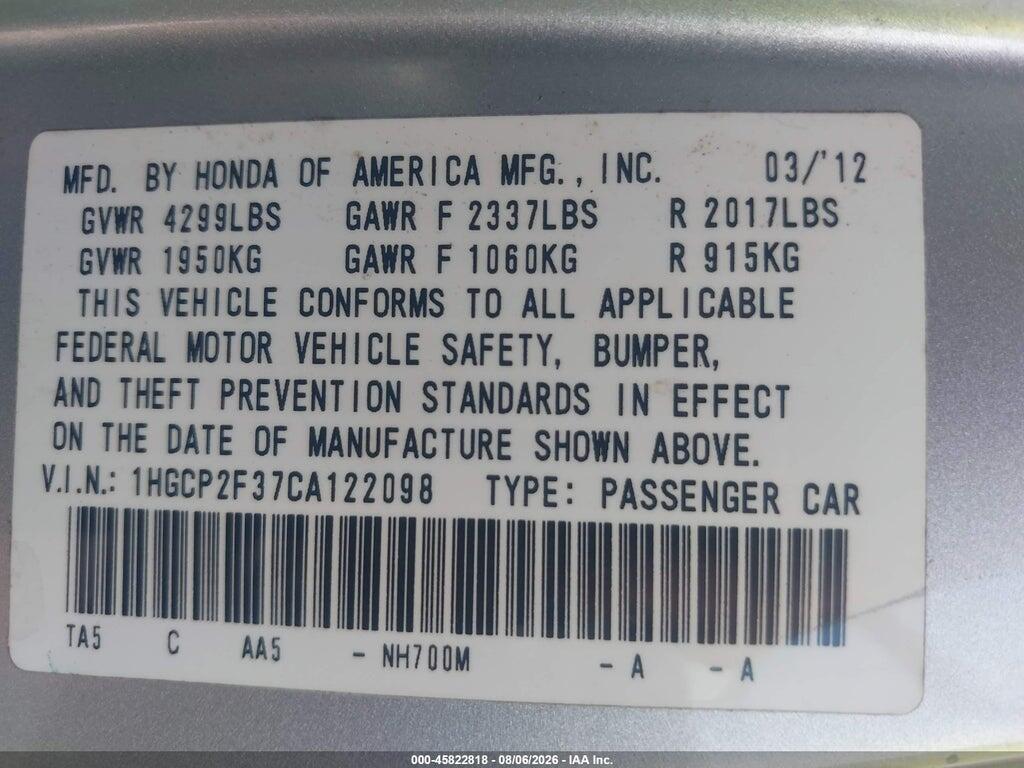 1HGCP2F37CA122098 2012 HONDA ACCORD SDN photo no. 9