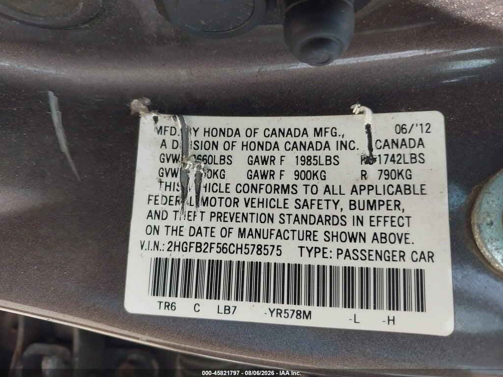 2HGFB2F56CH578575 2012 HONDA CIVIC photo no. 9