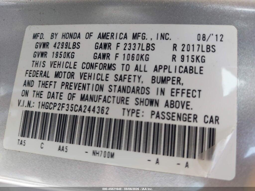 1HGCP2F35CA244362 2012 HONDA ACCORD SDN photo no. 9