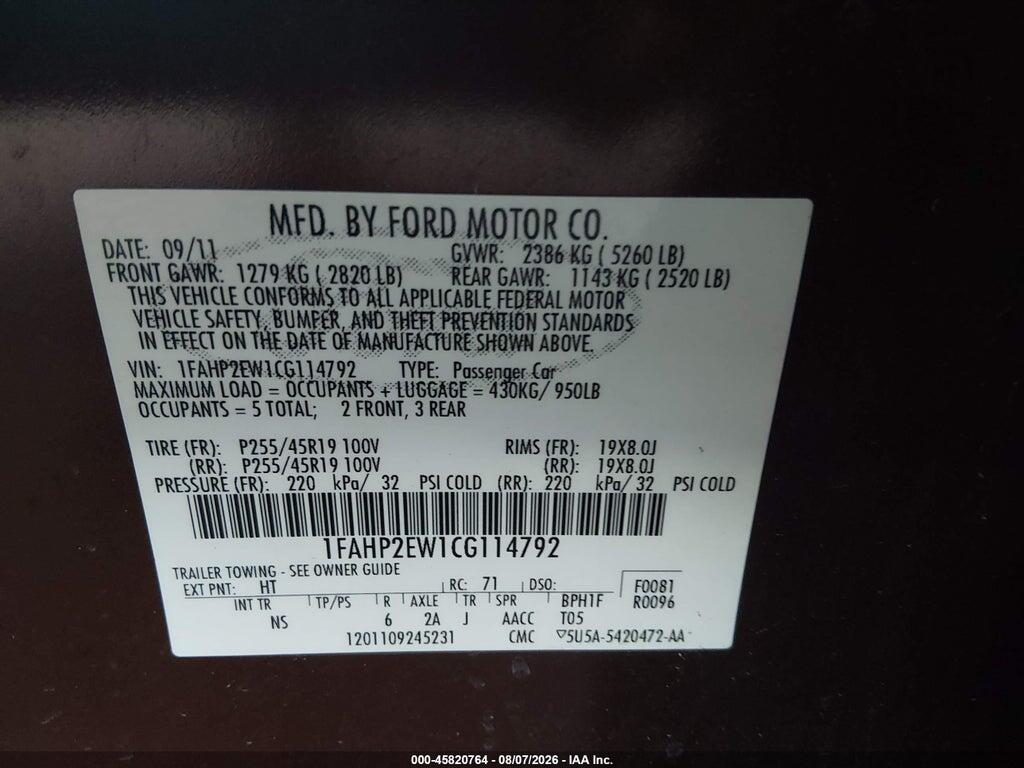 1FAHP2EW1CG114792 2012 FORD TAURUS photo no. 9