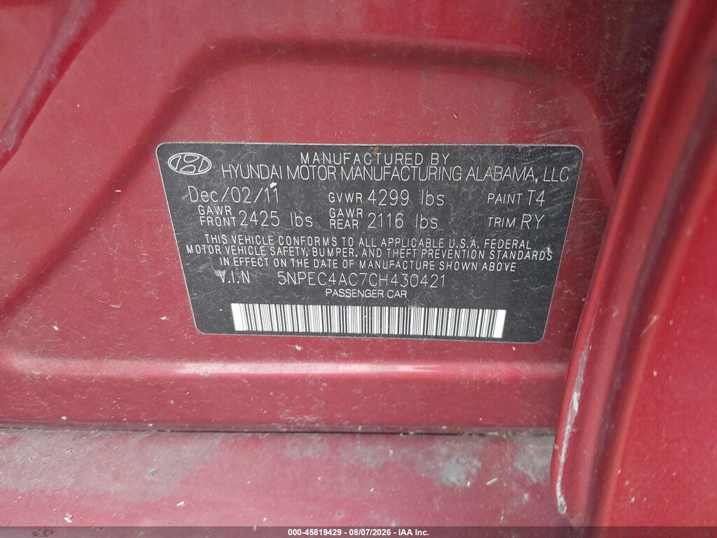 5NPEC4AC7CH430421 2012 HYUNDAI SONATA photo no. 9