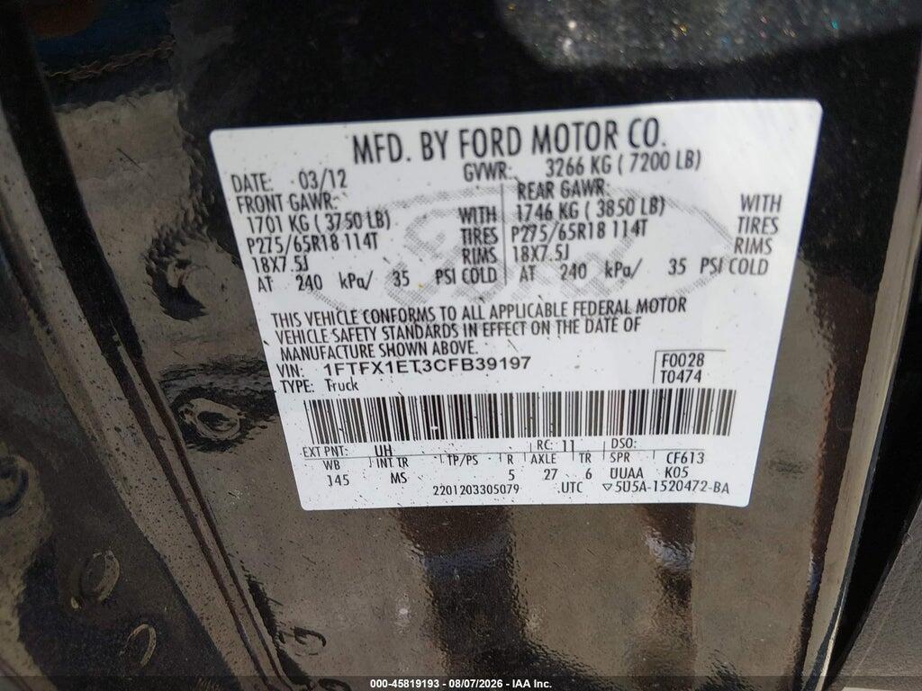 1FTFX1ET3CFB39197 2012 FORD F-150 photo no. 9