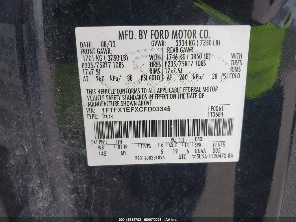 1FTFX1EFXCFD03345 2012 FORD F-150 photo no. 9