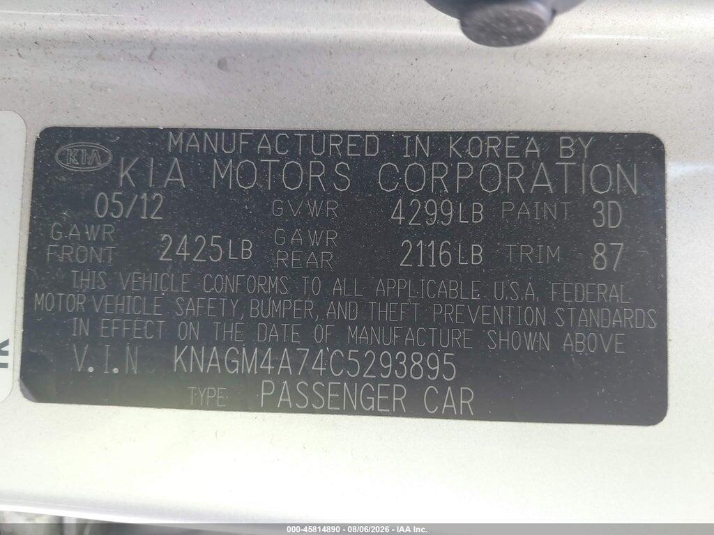 KNAGM4A74C5293895 2012 KIA OPTIMA photo no. 9