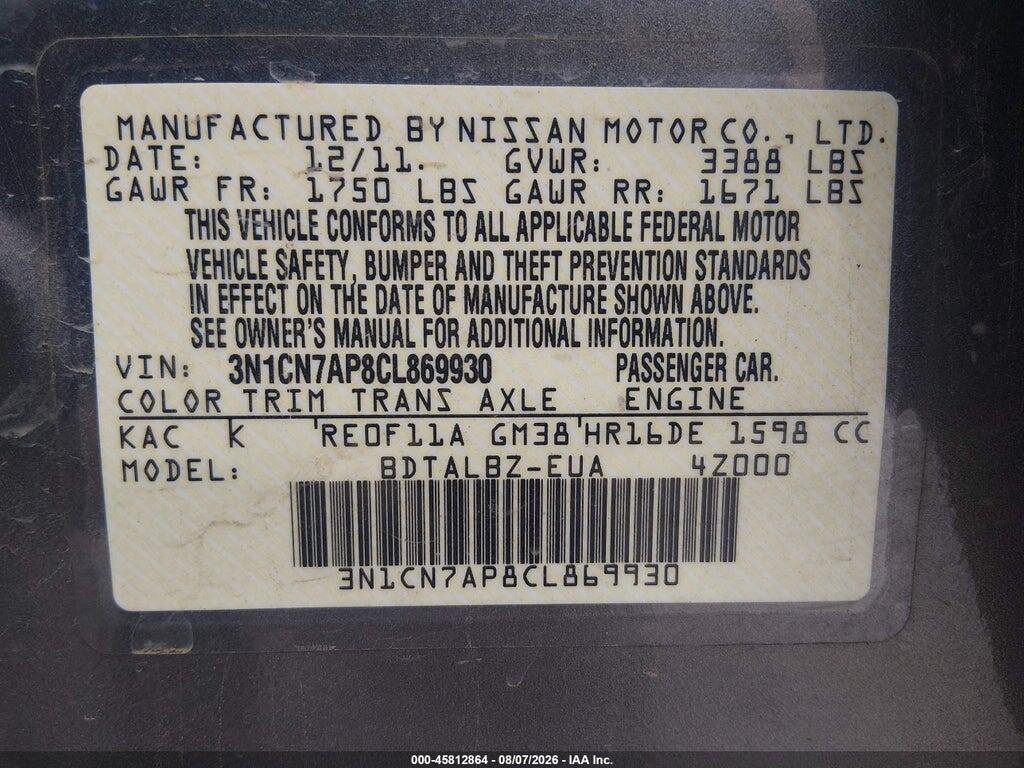 3N1CN7AP8CL869930 2012 NISSAN VERSA photo no. 9