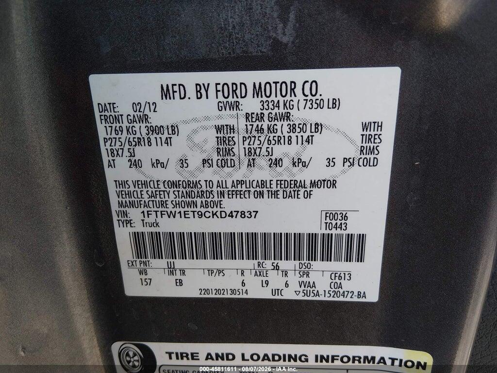 1FTFW1ET9CKD47837 2012 FORD F-150 photo no. 9