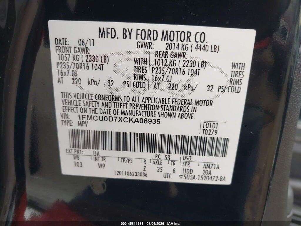 1FMCU0D7XCKA06935 2012 FORD ESCAPE photo no. 9
