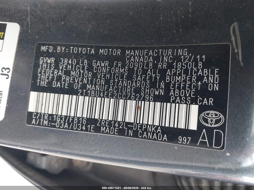 2T1BU4EE2CC762796 2012 TOYOTA COROLLA photo no. 9