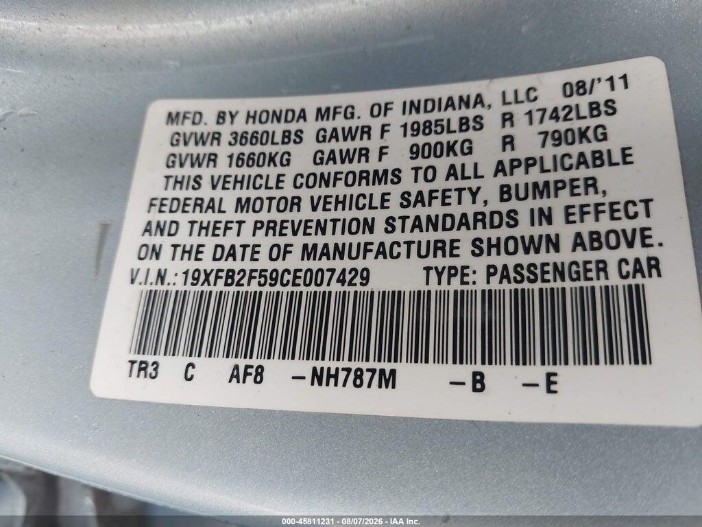 19XFB2F59CE007429 2012 HONDA CIVIC photo no. 9