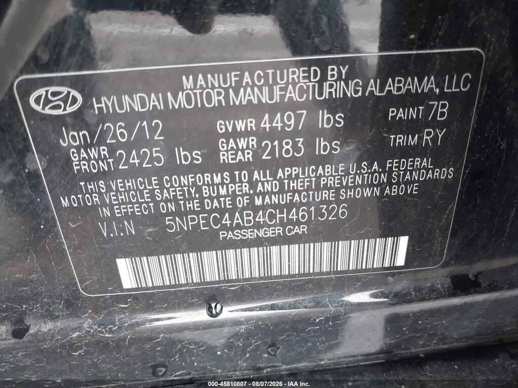 5NPEC4AB4CH461326 2012 HYUNDAI SONATA photo no. 9