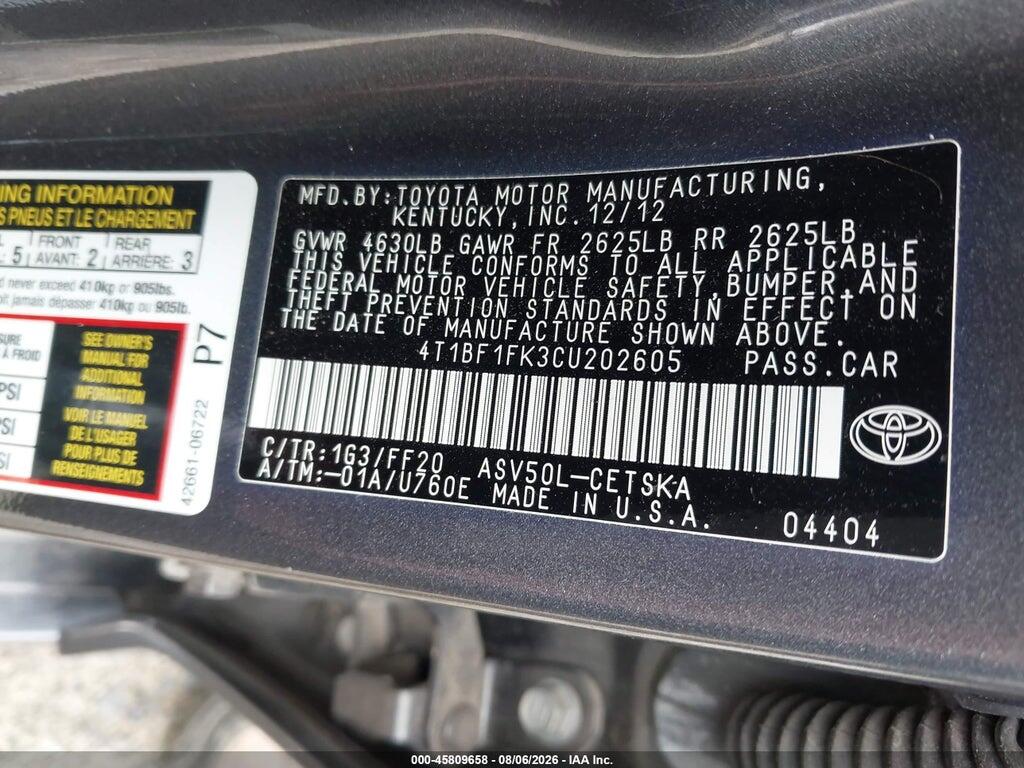 4T1BF1FK3CU202605 2012 TOYOTA CAMRY photo no. 9