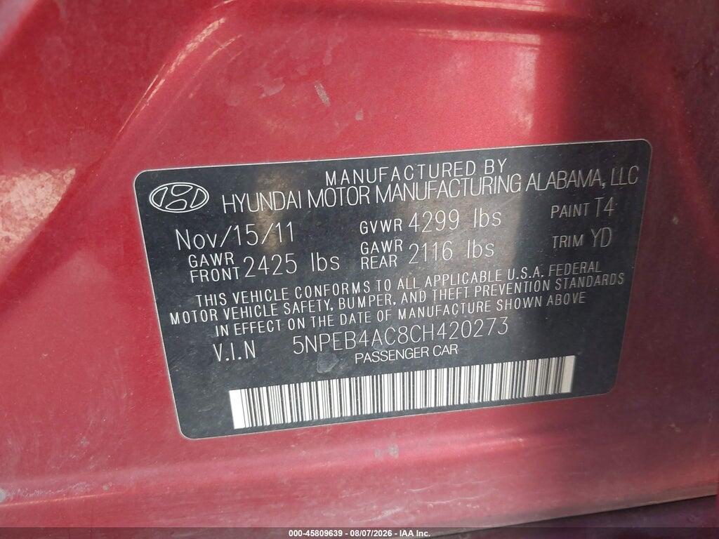 5NPEB4AC8CH420273 2012 HYUNDAI SONATA photo no. 9