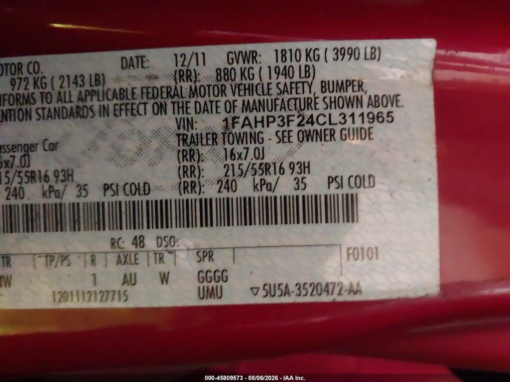 1FAHP3F24CL311965 2012 FORD FOCUS photo no. 9