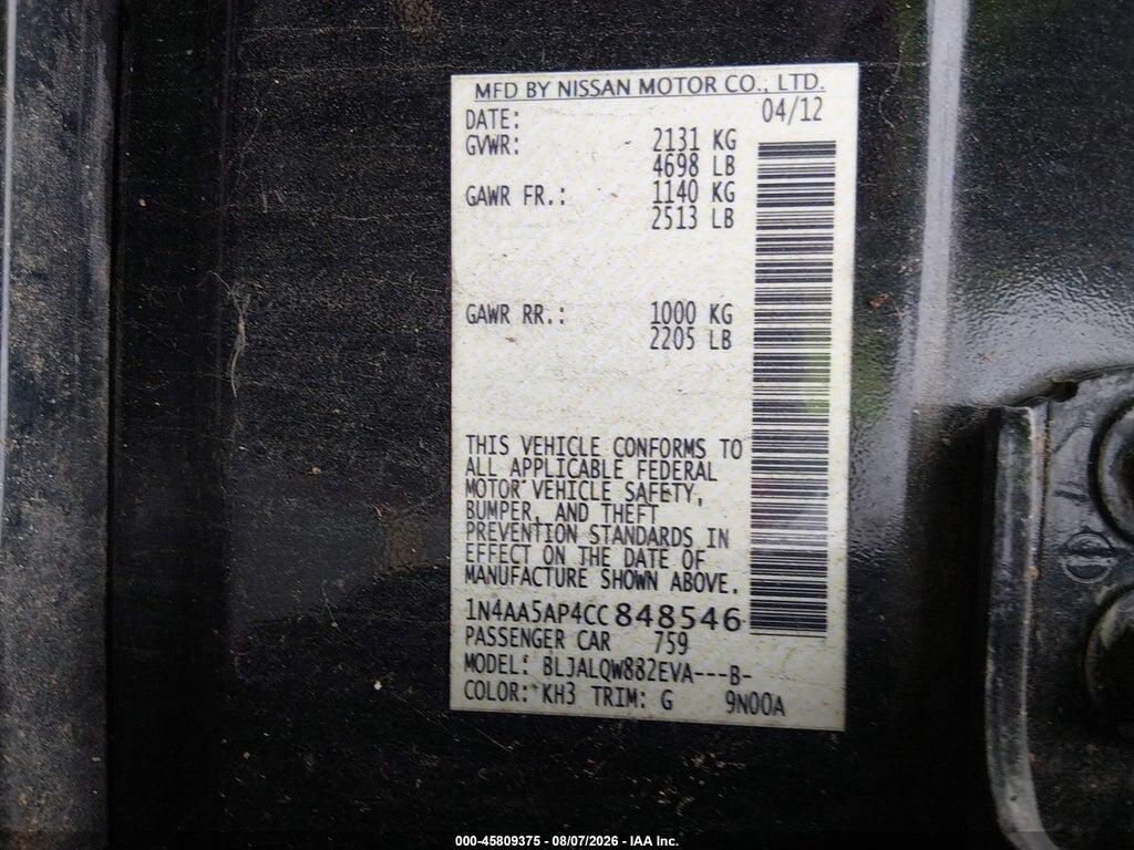 1N4AA5AP4CC848546 2012 NISSAN MAXIMA photo no. 9