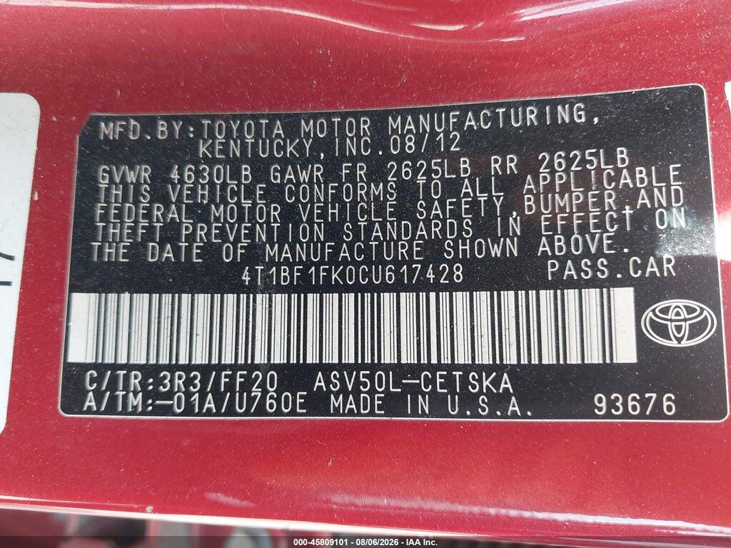 4T1BF1FK0CU617428 2012 TOYOTA CAMRY photo no. 9