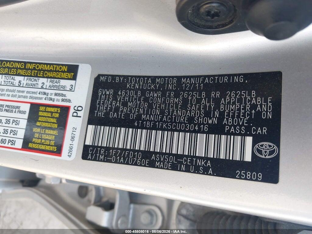 4T1BF1FK5CU030416 2012 TOYOTA CAMRY photo no. 9