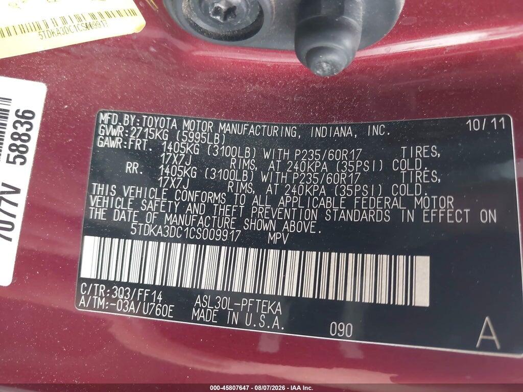 5TDKA3DC1CS009917 2012 TOYOTA SIENNA photo no. 9
