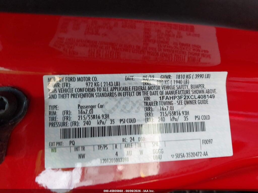 1FAHP3F2XCL408149 2012 FORD FOCUS photo no. 9