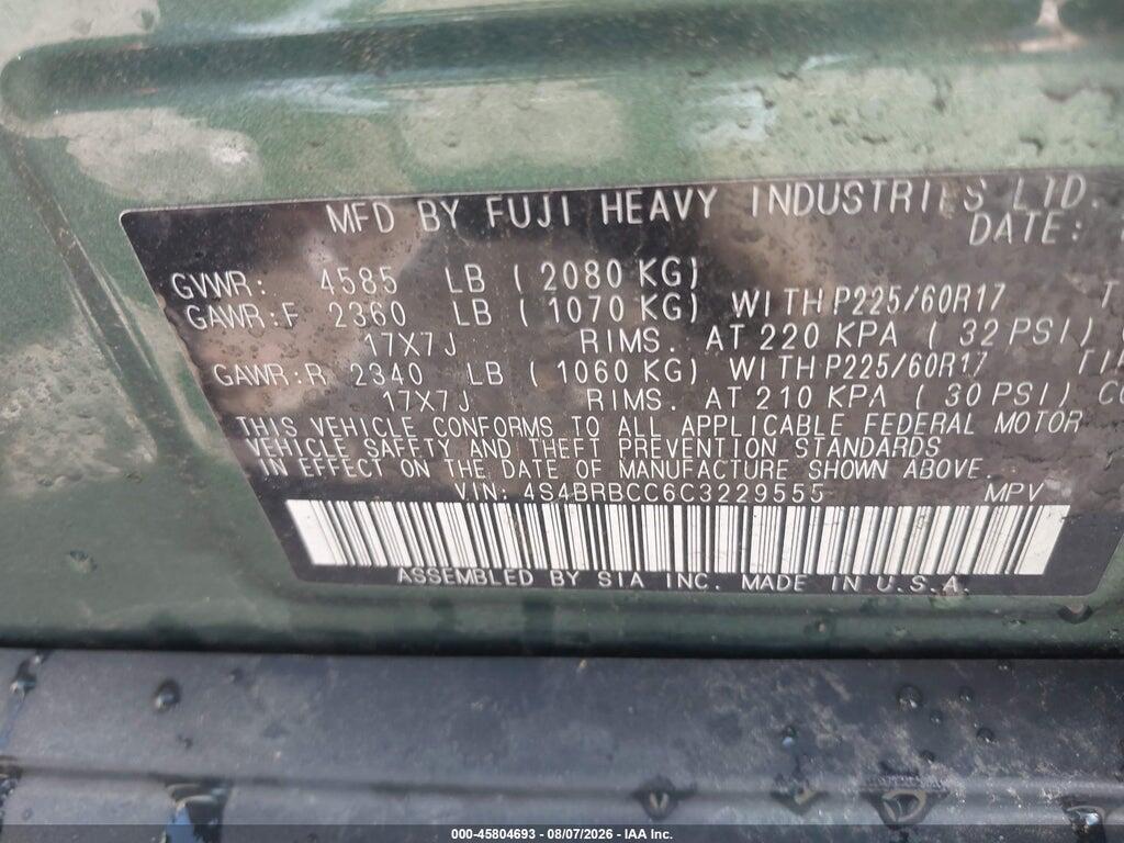 4S4BRBCC6C3229555 2012 SUBARU OUTBACK photo no. 9