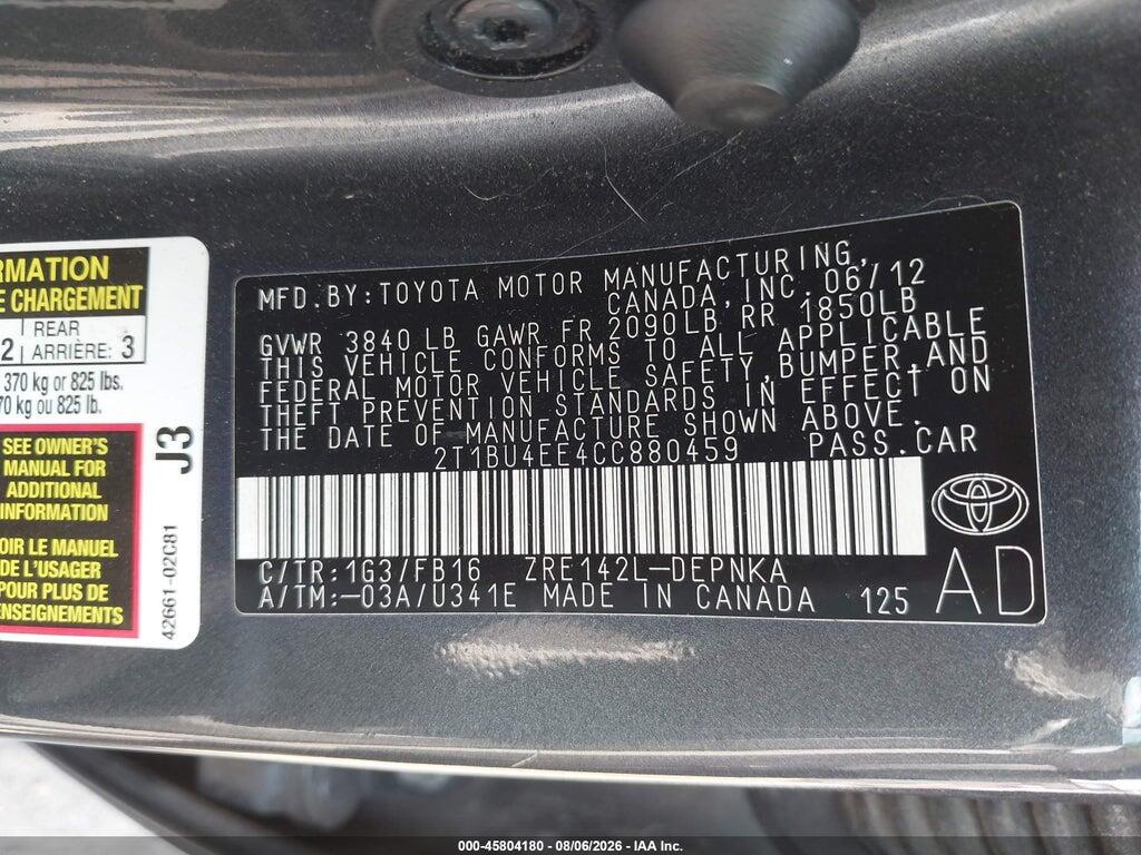 2T1BU4EE4CC880459 2012 TOYOTA COROLLA photo no. 9