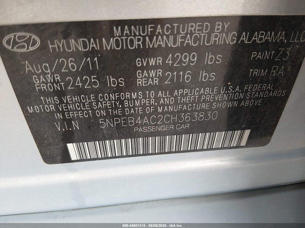 5NPEB4AC2CH363830 2012 HYUNDAI SONATA photo no. 9