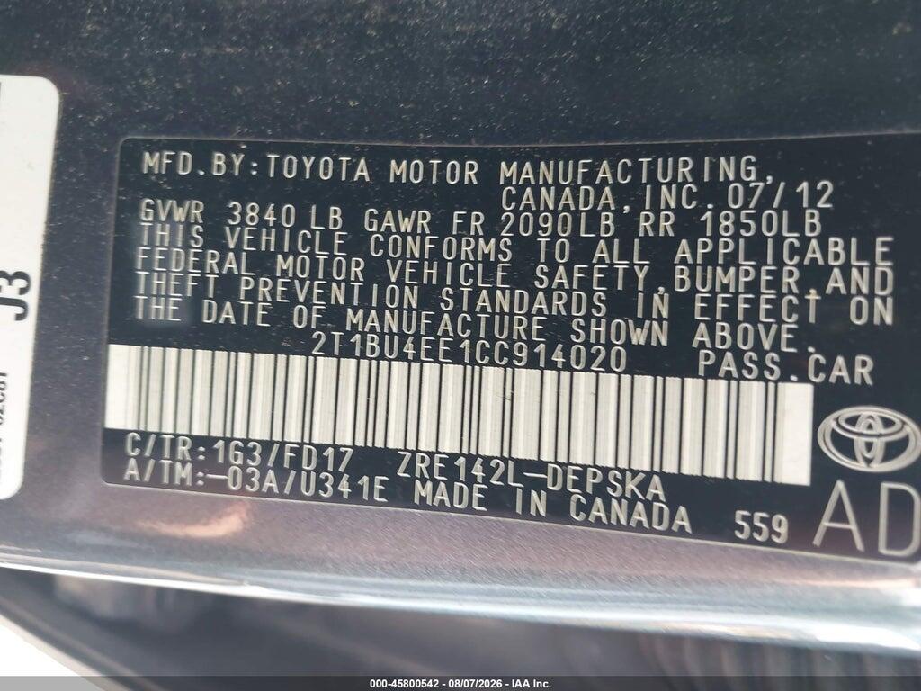 2T1BU4EE1CC914020 2012 TOYOTA COROLLA photo no. 9