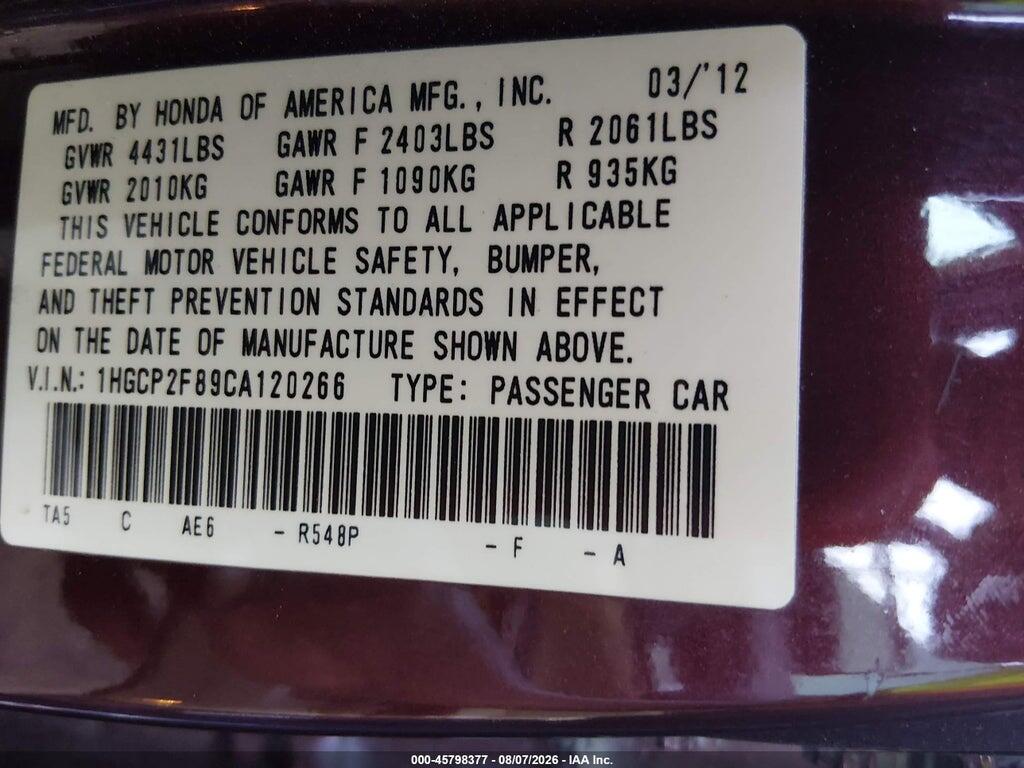 1HGCP2F89CA120266 2012 HONDA ACCORD photo no. 9