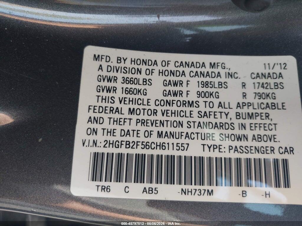 2HGFB2F56CH611557 2012 HONDA CIVIC photo no. 9