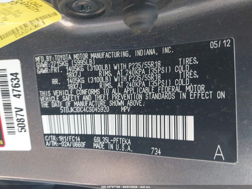 5TDJK3DC4CS045920 2012 TOYOTA SIENNA photo no. 9