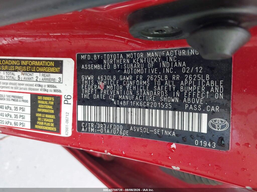 4T4BF1FK6CR201535 2012 TOYOTA CAMRY photo no. 9