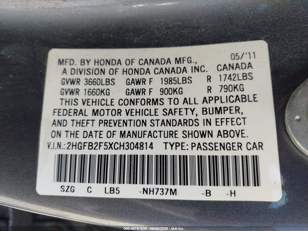 2HGFB2F5XCH304814 2012 HONDA CIVIC photo no. 8