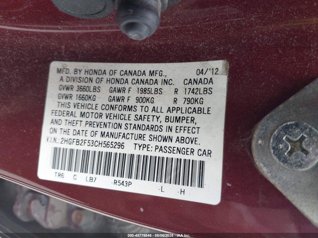 2HGFB2F53CH565296 2012 HONDA CIVIC photo no. 9